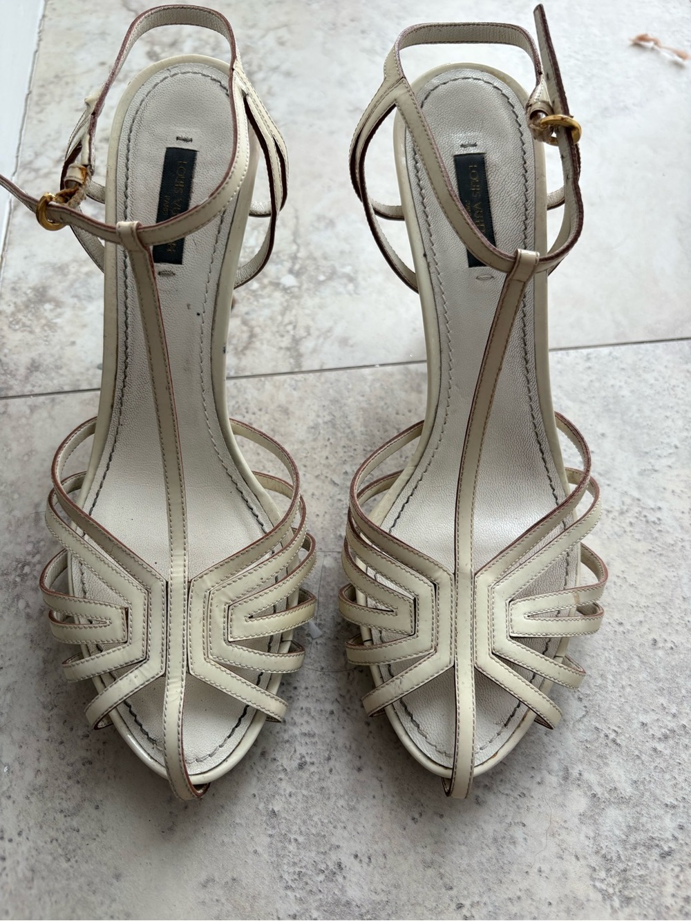 Louis Vuitton Cream Strappy T‑Bar Heeled Sandals
